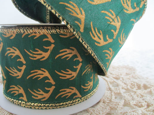 Metallic Gold Antlers on textured dark green background 2.5" Wired Ribbon #40 Offray Felix 586 Green By the Yard