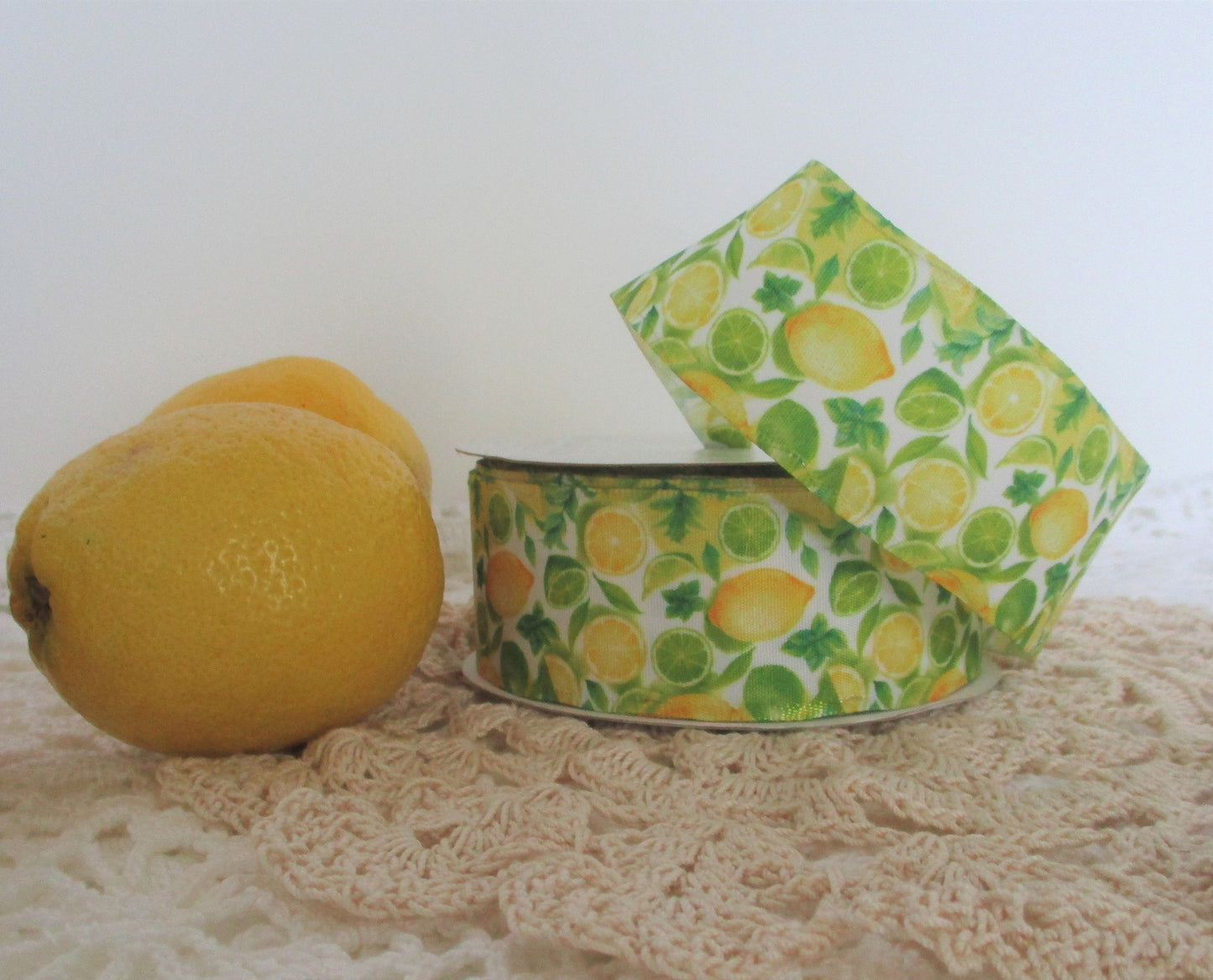 Lemon and Lime on White Satin Wired Ribbon 1.5 " wide by the yard