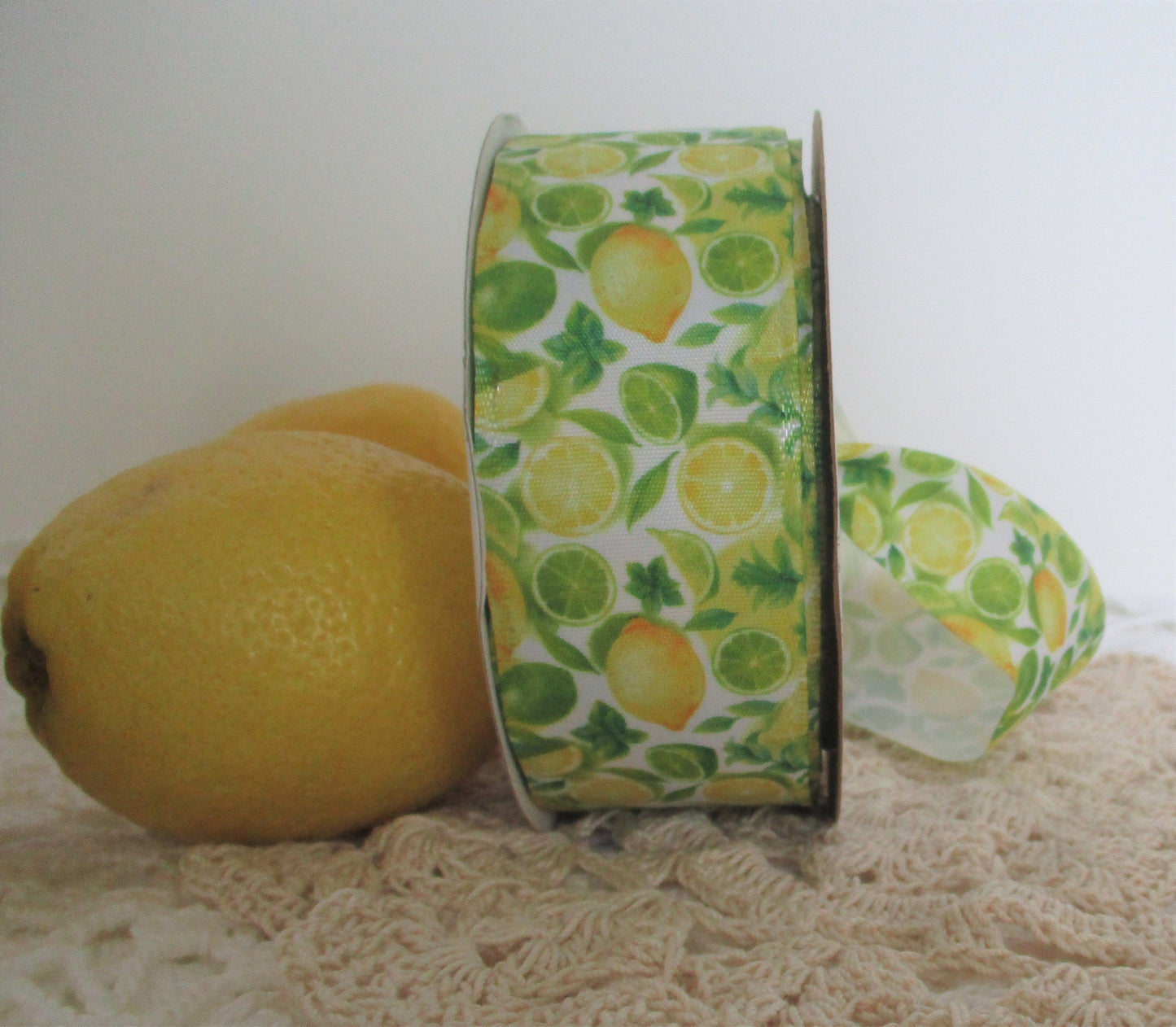 Lemon and Lime on White Satin Wired Ribbon 1.5 " wide by the yard