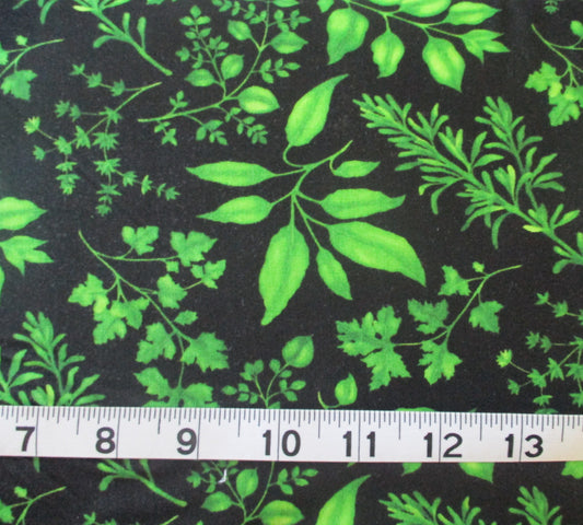 Herbes de Provence Green Leaves on Black background Blank Quilting Cotton quilting fabric By the Yard or Fat Quarter