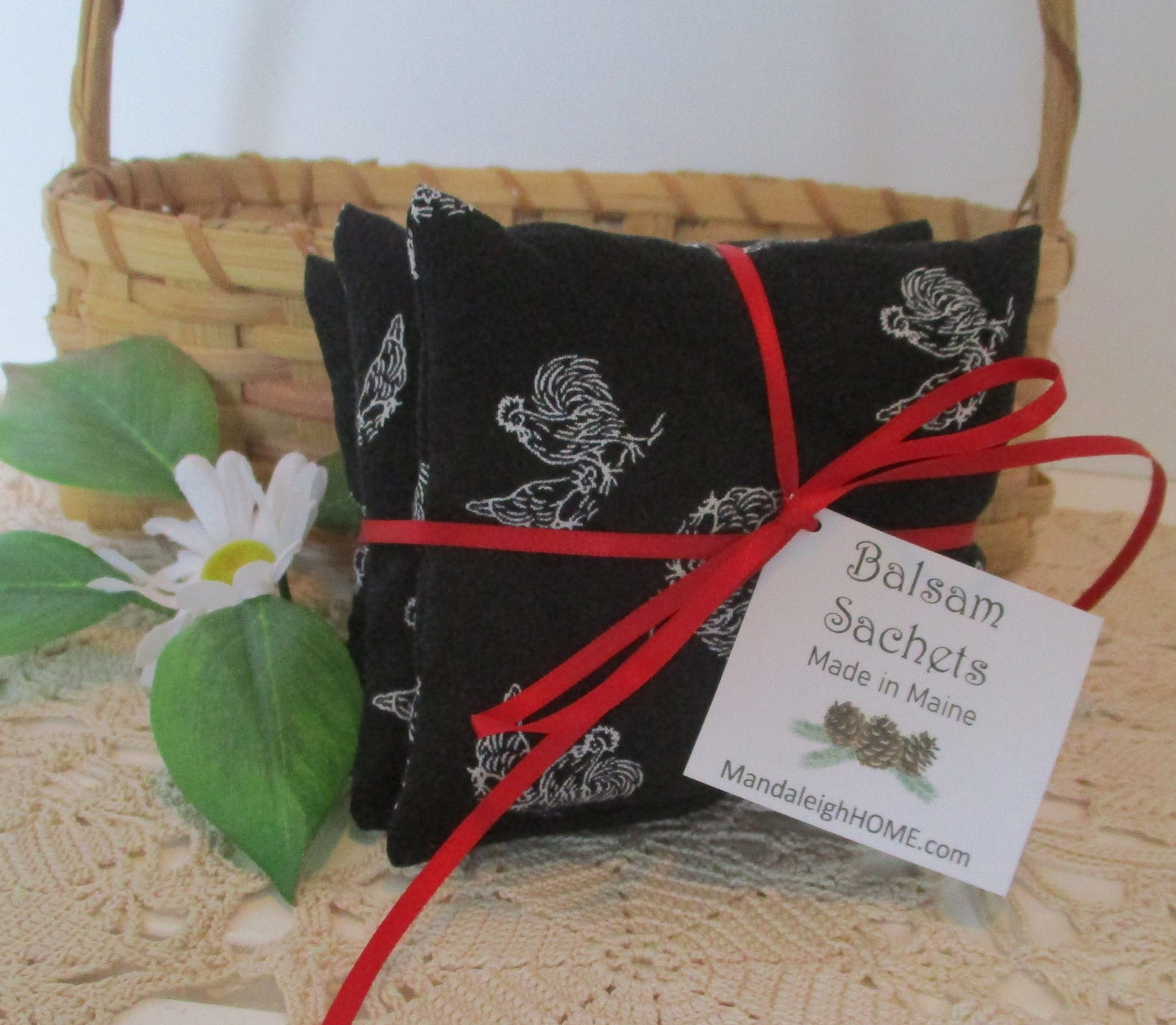 Maine Balsam Sachet Set of 3 Farm Rooster and Chicken white on black, Ready to Ship