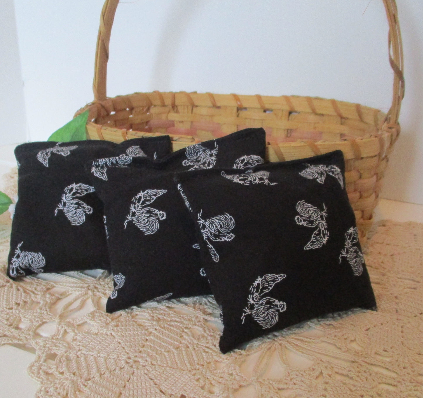 Maine Balsam Sachet Set of 3 Farm Rooster and Chicken white on black, Ready to Ship