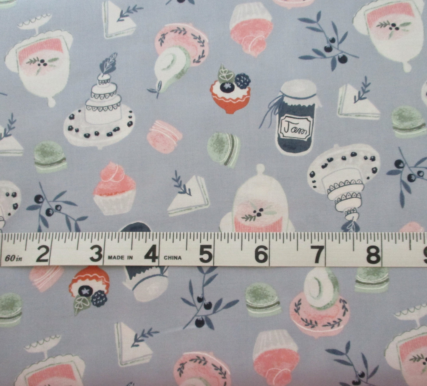 Dessert Fabric with Blue Background Fat Quarter or By the Yard 100% Cotton Timeless Treasures Macaron Cake Jam Berries Pear Wedding Cake