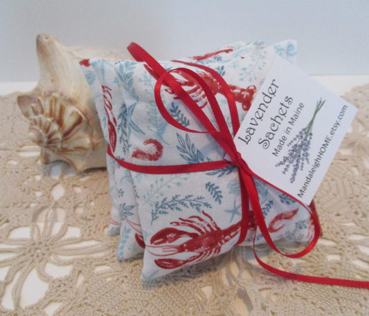 Ocean Life Lobster Sea Star Shrimp Seaweed Beach Nautical Sachet Set of 3 in Maine Balsam or Lavender Ready to Ship