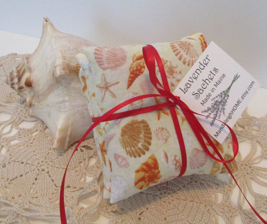 Nautical Shell Sea Ocean Beach Sachet Set of 3 in Balsam or Lavender Ready to Ship