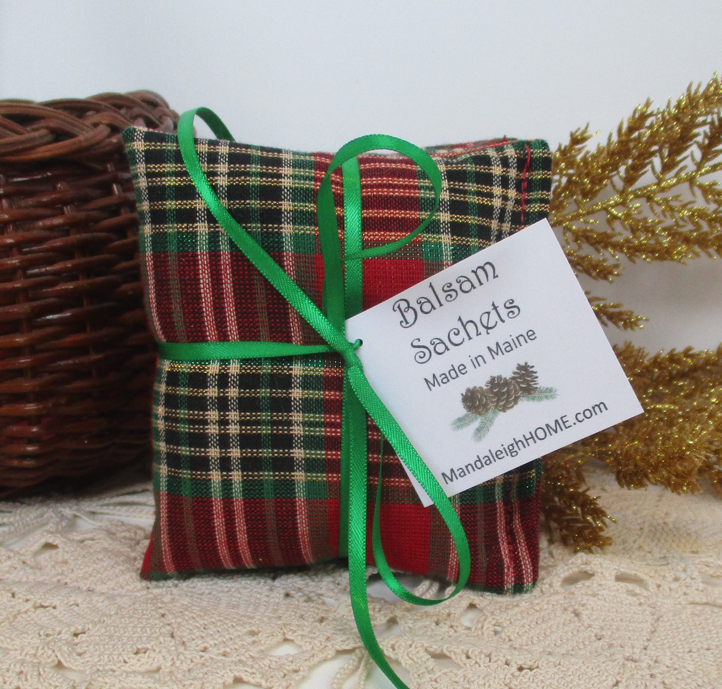 Maine Balsam Fir Tartan Plaid Christmas Plaid Red Green Metallic  Sachet Set of 3 Pine or Lavender Scent Ready to Ship