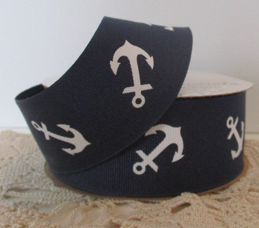 White Anchor on Blue Grosgrain Ribbon 1.5 inches wide sold by the yard