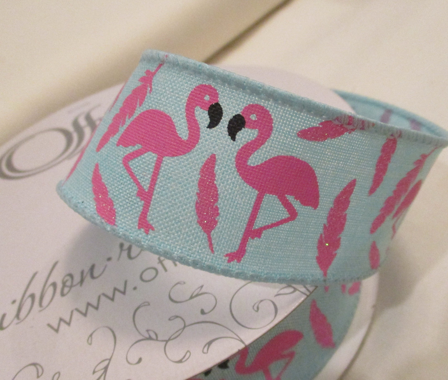 Pink Flamingo on Blue Ribbon 1.5 inches wide sold by the yard Beach Florida Fun in the Sun Summer Tropical  Decor