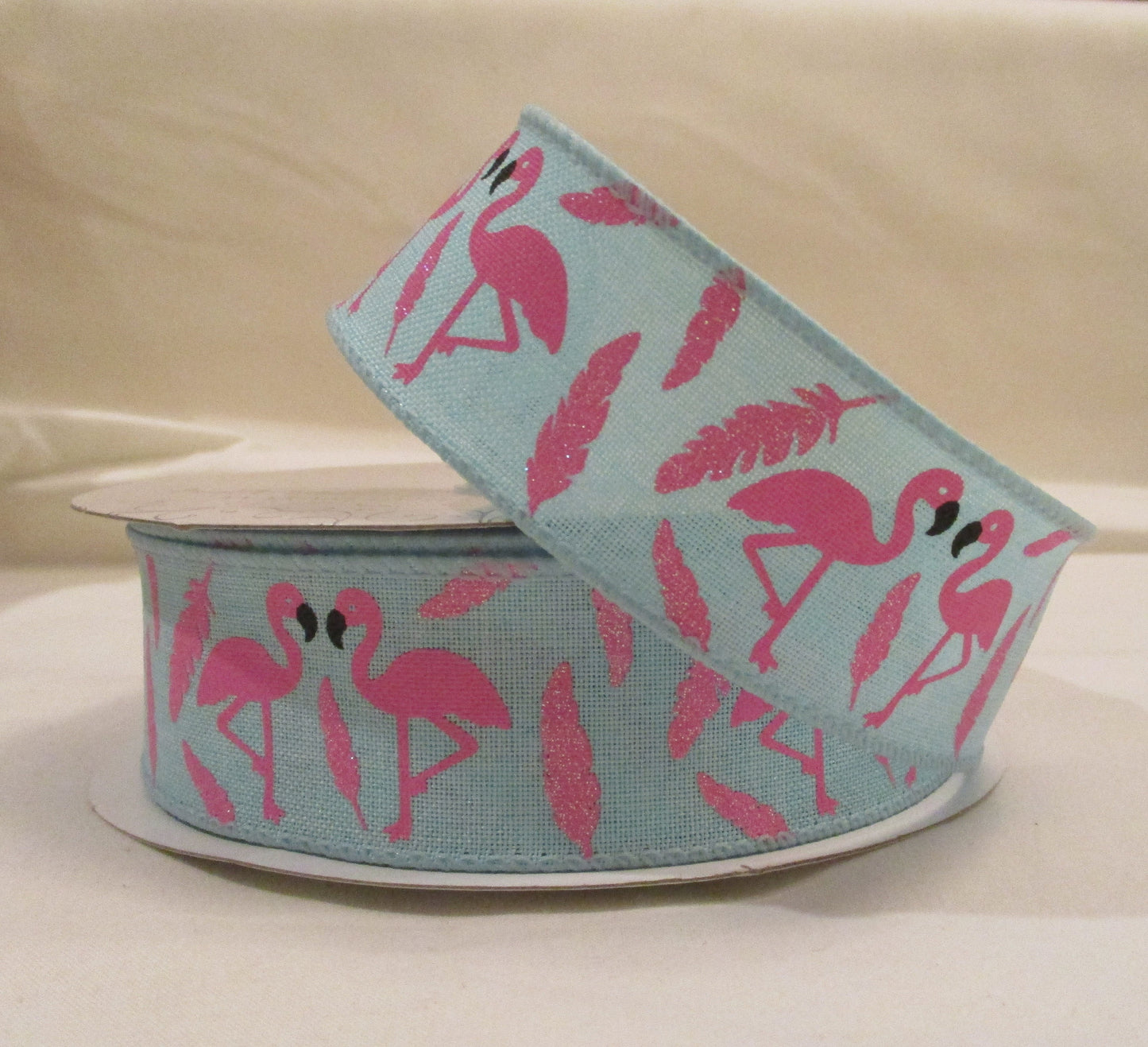 Pink Flamingo on Blue Ribbon 1.5 inches wide sold by the yard Beach Florida Fun in the Sun Summer Tropical  Decor