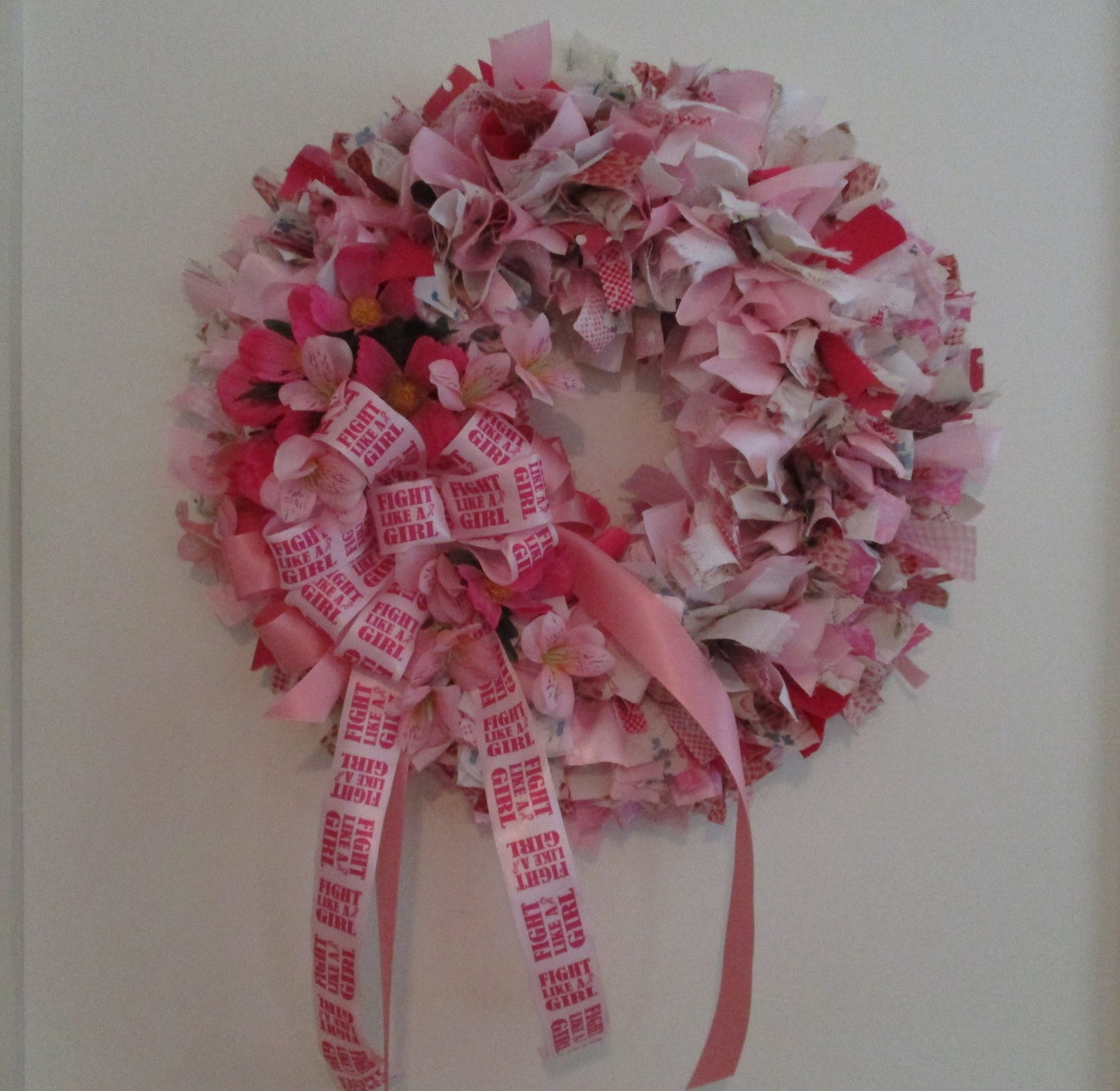 Breast Cancer Awareness Rag Wreath in Pinks and Whites for October Free Shipping