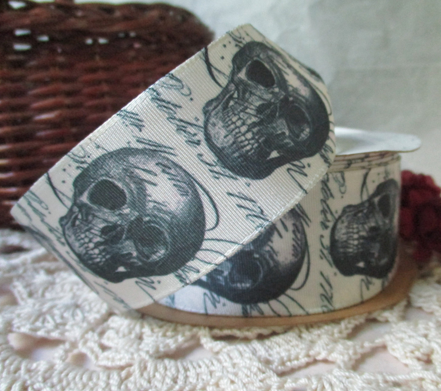 Skull Wire Edge Ribbon Black on Cream 1 1/2 inches by the yard or roll Halloween