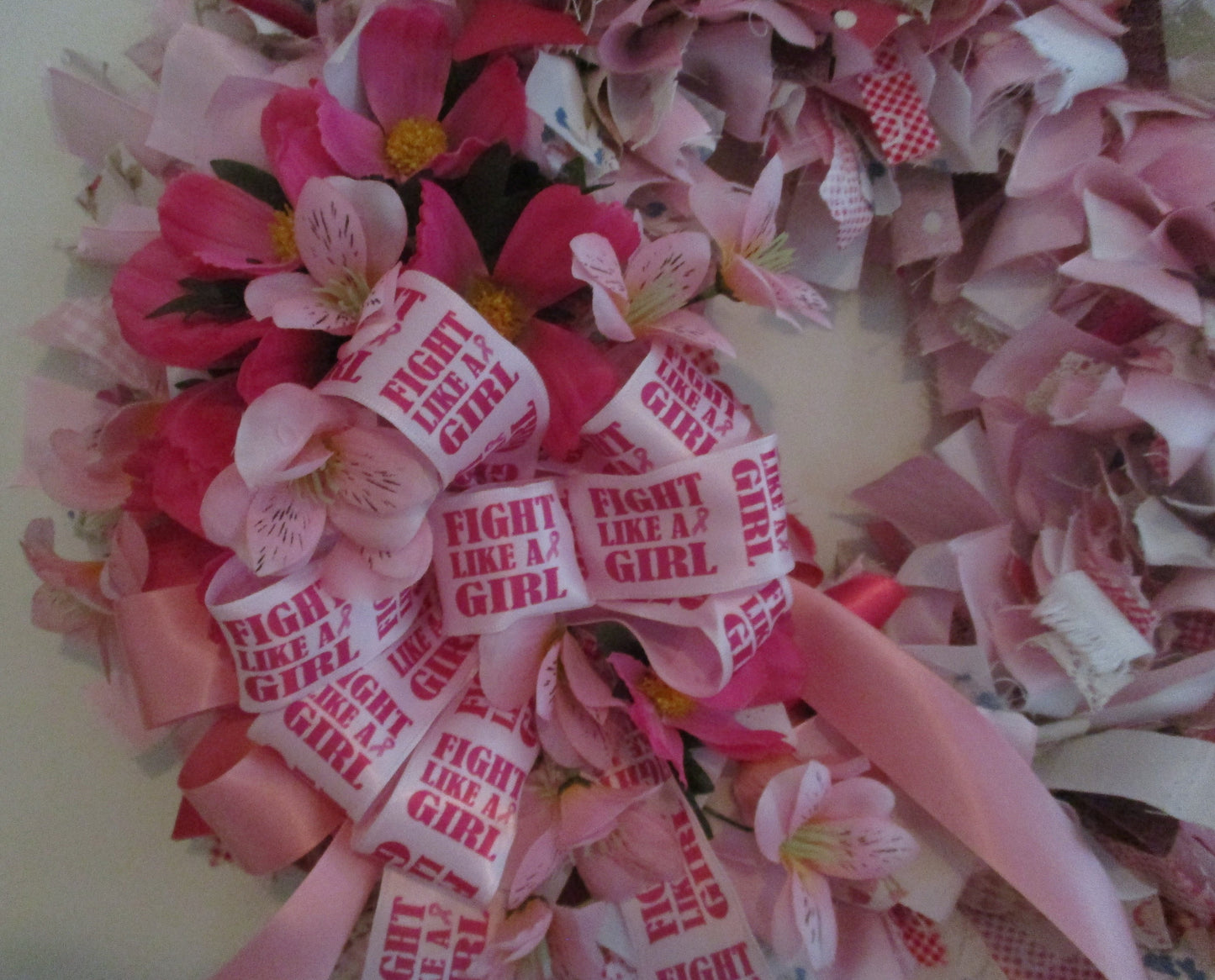 Breast Cancer Awareness Rag Wreath in Pinks and Whites for October Free Shipping