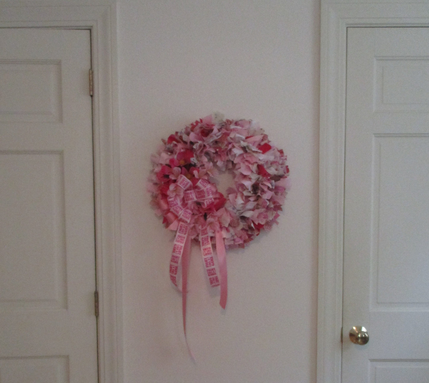 Breast Cancer Awareness Rag Wreath in Pinks and Whites for October Free Shipping