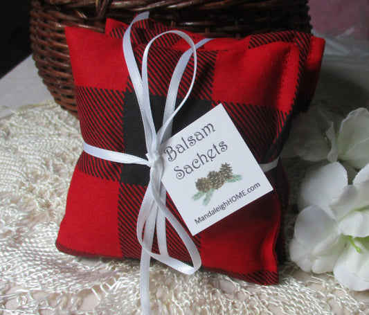 Maine Balsam Fir Buffalo Check Christmas Plaid Red Black  Sachet Set of 3 Pine or Lavender Scent