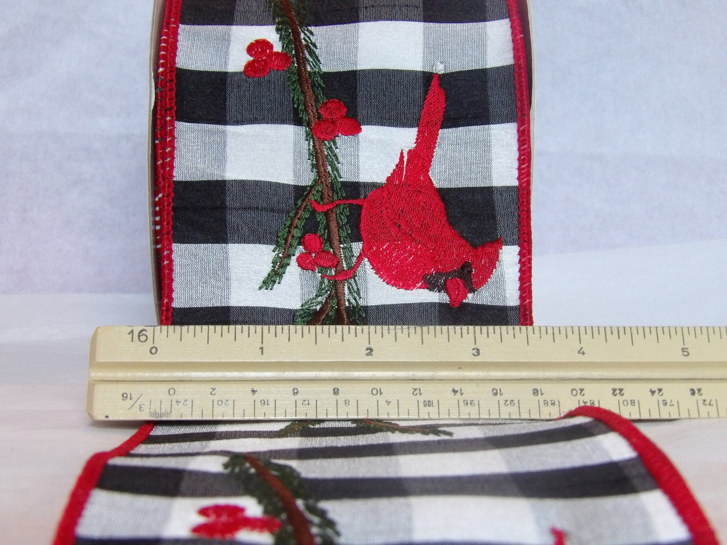 Cardinal on Black and White Buffalo Check Wire Edged Ribbon 4 inch wide by the yard or roll