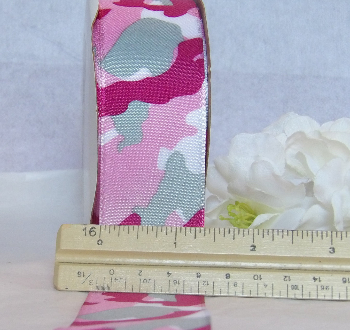 Pink Camouflage Print on White Wired Ribbon 1.5 " wide by the yard Undercover