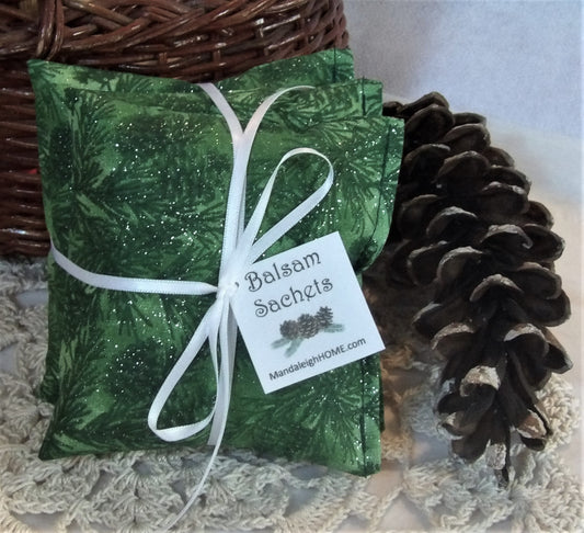 Maine Balsam Fir Pine Cone and Tassel Sachet Set of 3 Pine Scent Green with Silver Glitter Ready to Ship