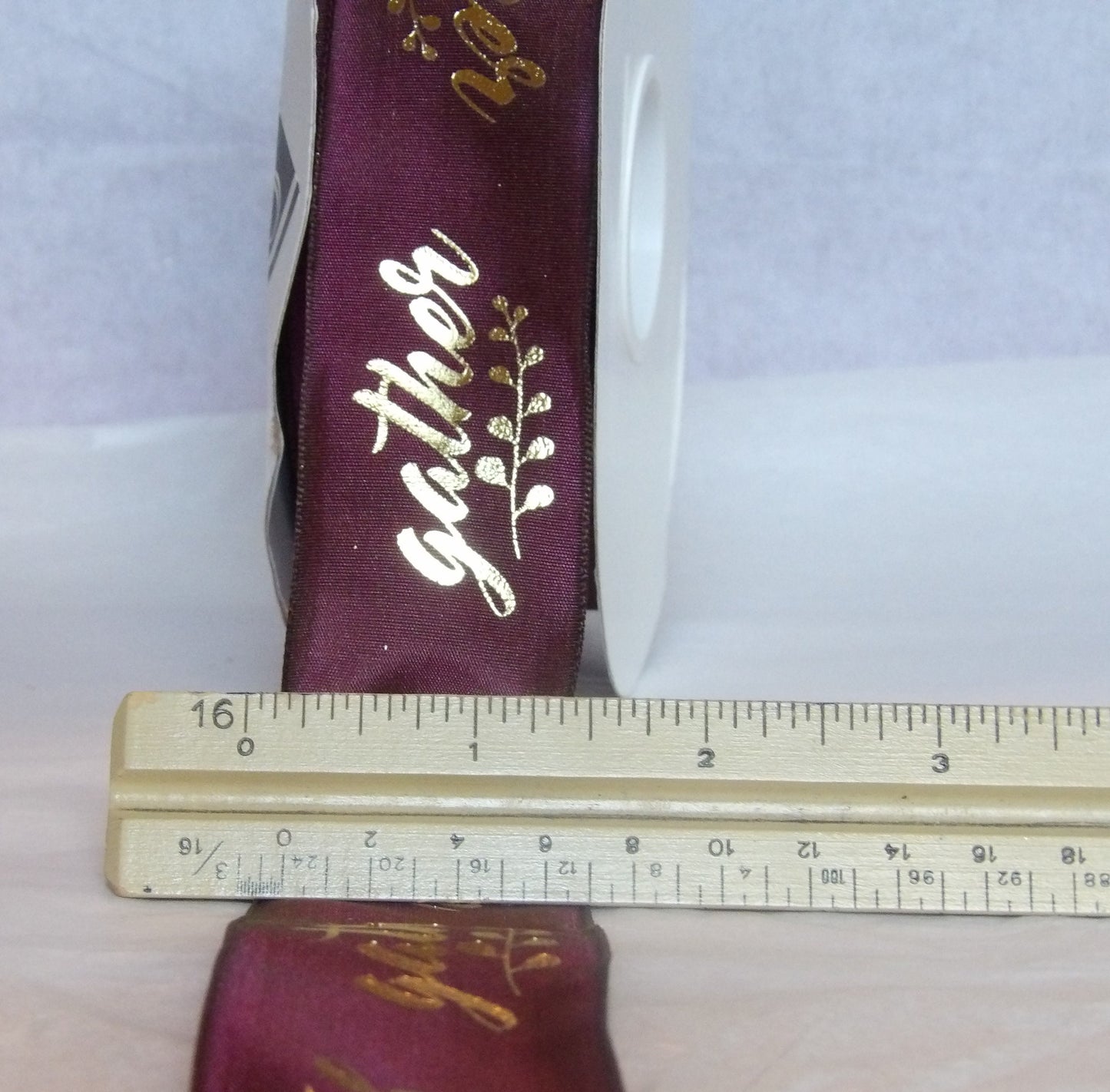 Gather in Gold on Claret Purple Wired Ribbon 1 1/2 inch wide Offray