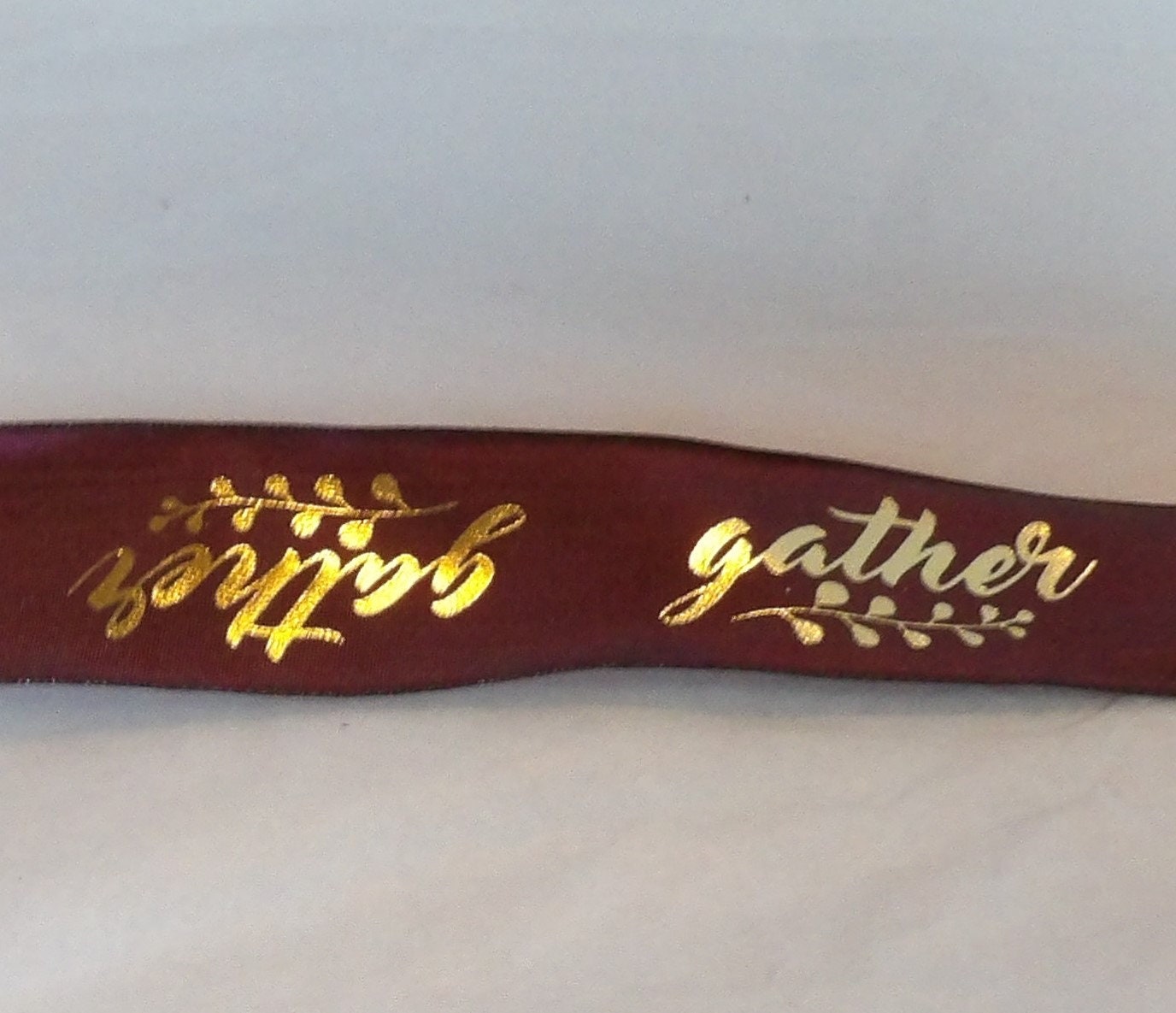 Gather in Gold on Claret Purple Wired Ribbon 1 1/2 inch wide Offray