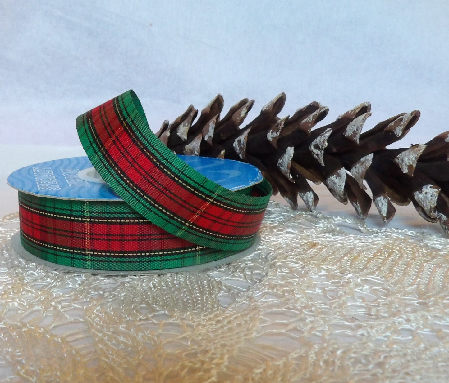 Fashion Plaid Ribbon 5 yard length 7/8 inch wide Unwired by Offray Metallic Tartan in Red and Emerald