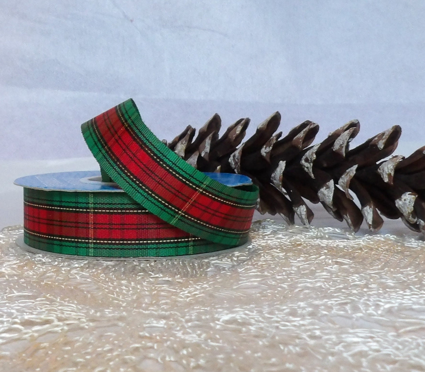 Fashion Plaid Ribbon 5 yard length 7/8 inch wide Unwired by Offray Metallic Tartan in Red and Emerald