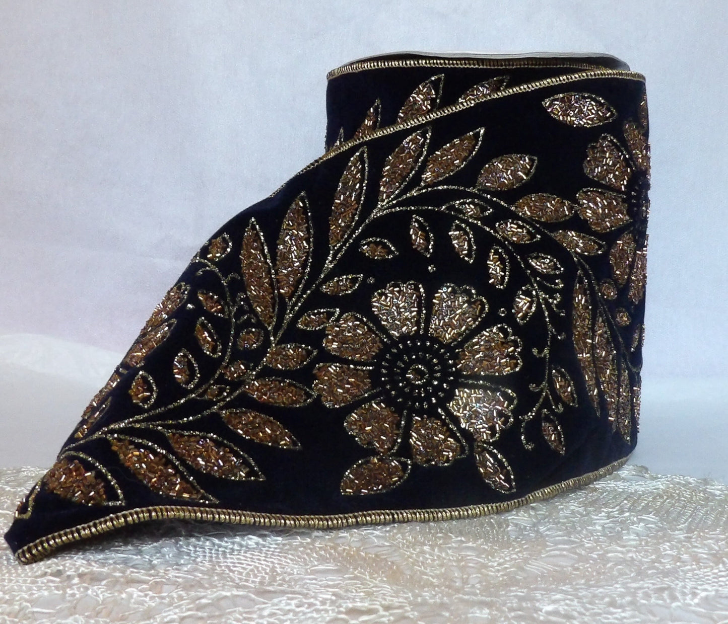 6 inch wide Luxury Ribbon Offray Hectoria Black Velvet Wired Ribbon Printed with Gold and Bead Embellishment Costuming