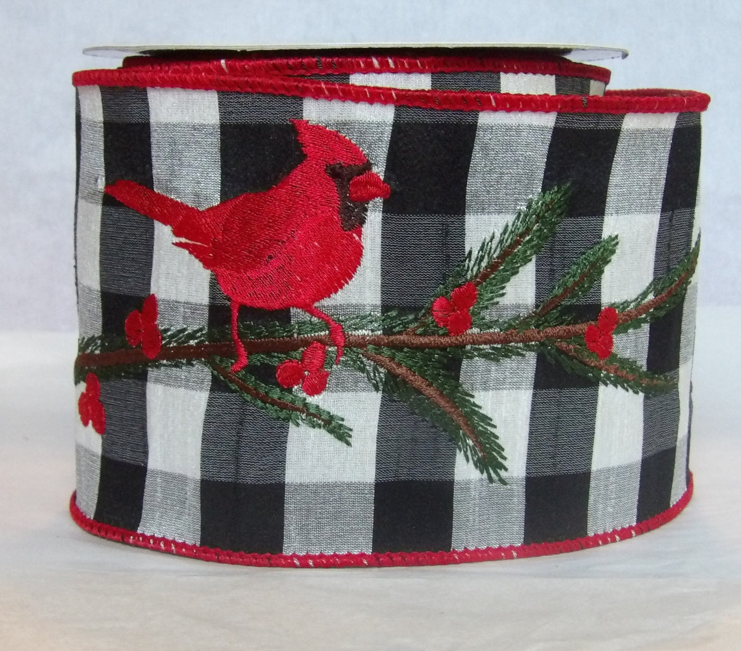 Cardinal on Black and White Buffalo Check Wire Edged Ribbon 4 inch wide by the yard or roll