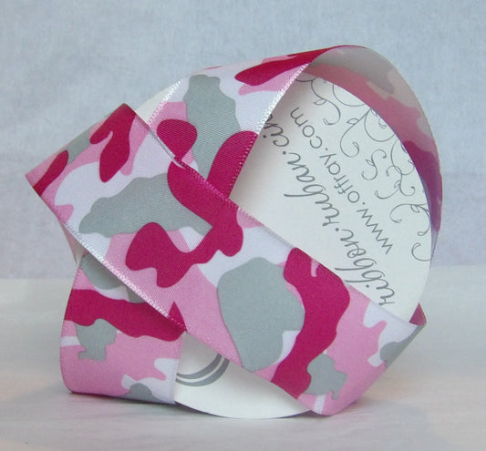 Pink Camouflage Print on White Wired Ribbon 1.5 " wide by the yard Undercover