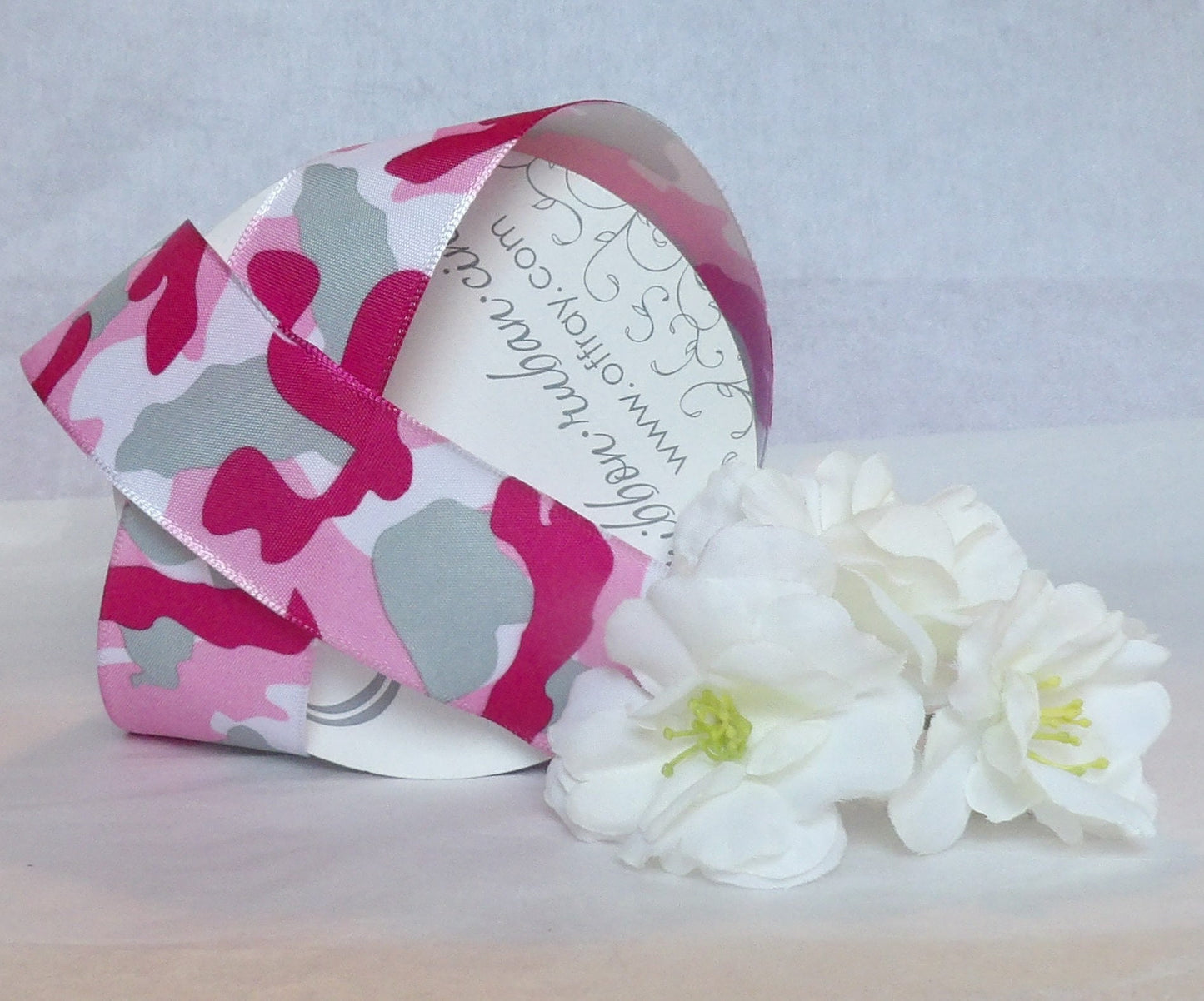 Pink Camouflage Print on White Wired Ribbon 1.5 " wide by the yard Undercover