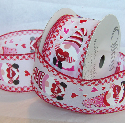 Valentine Gnomes Printed on Wired Ribbon Hearts Love XOXO 2 1/2 inches by the yard or roll