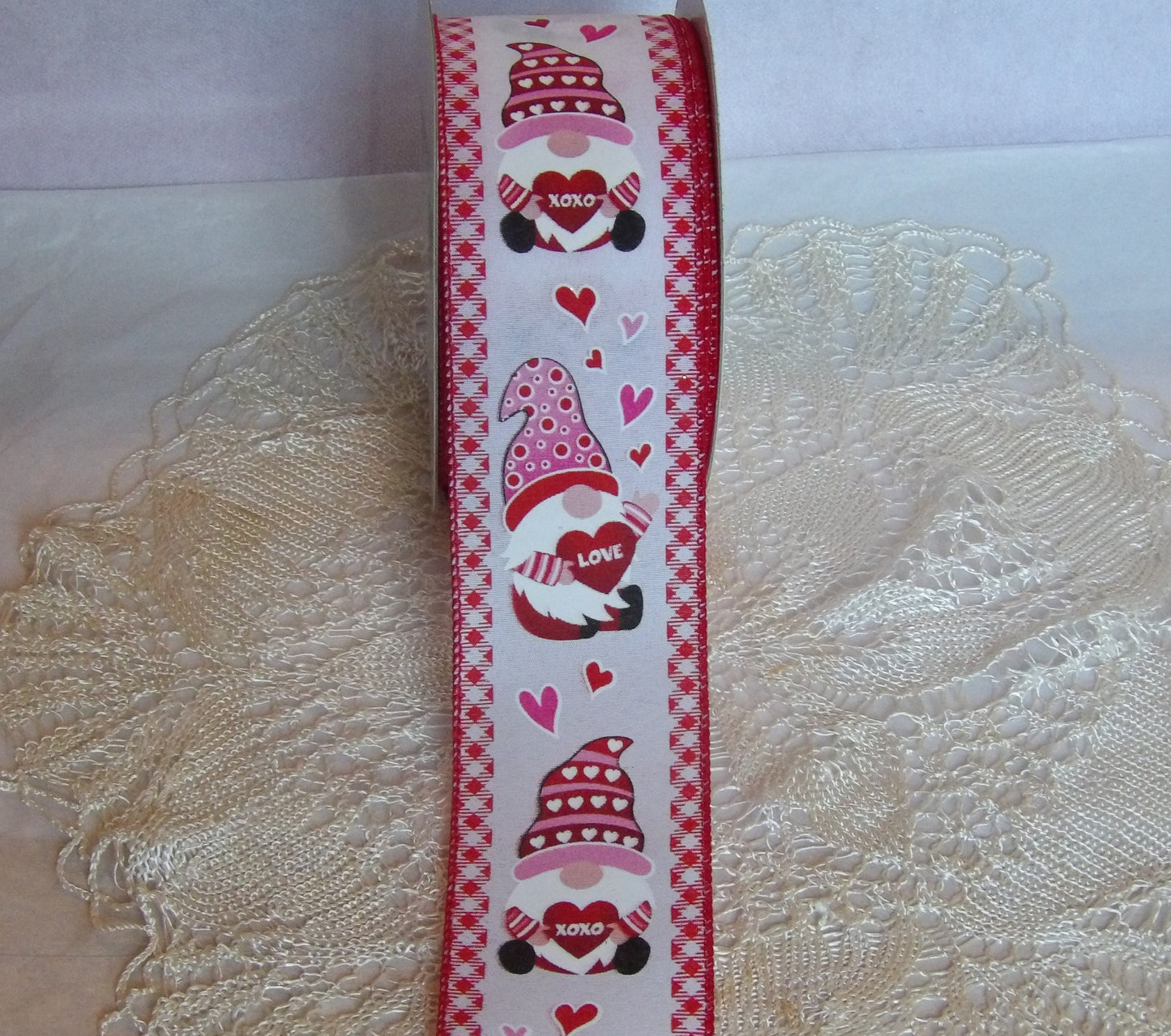 Valentine Gnomes Printed on Wired Ribbon Hearts Love XOXO 2 1/2 inches by the yard or roll