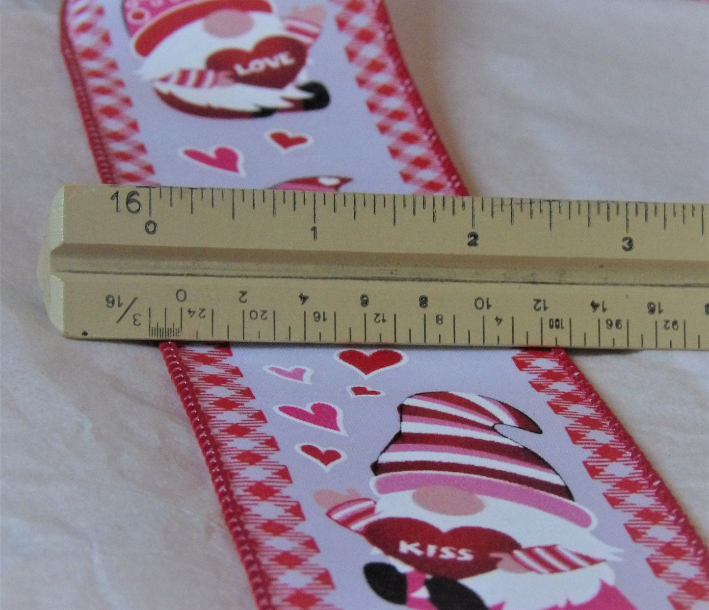 Valentine Gnomes Printed on Wired Ribbon Hearts Love XOXO 2 1/2 inches by the yard or roll