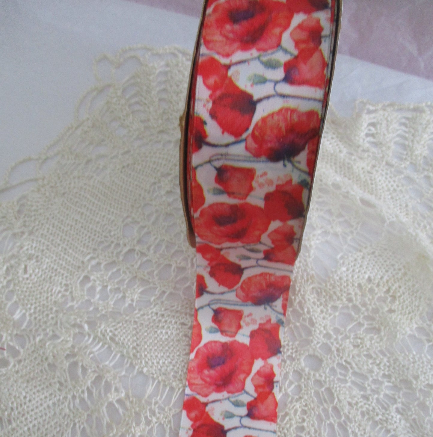 Red Poppy Print Ribbon 1.5 inches Offray