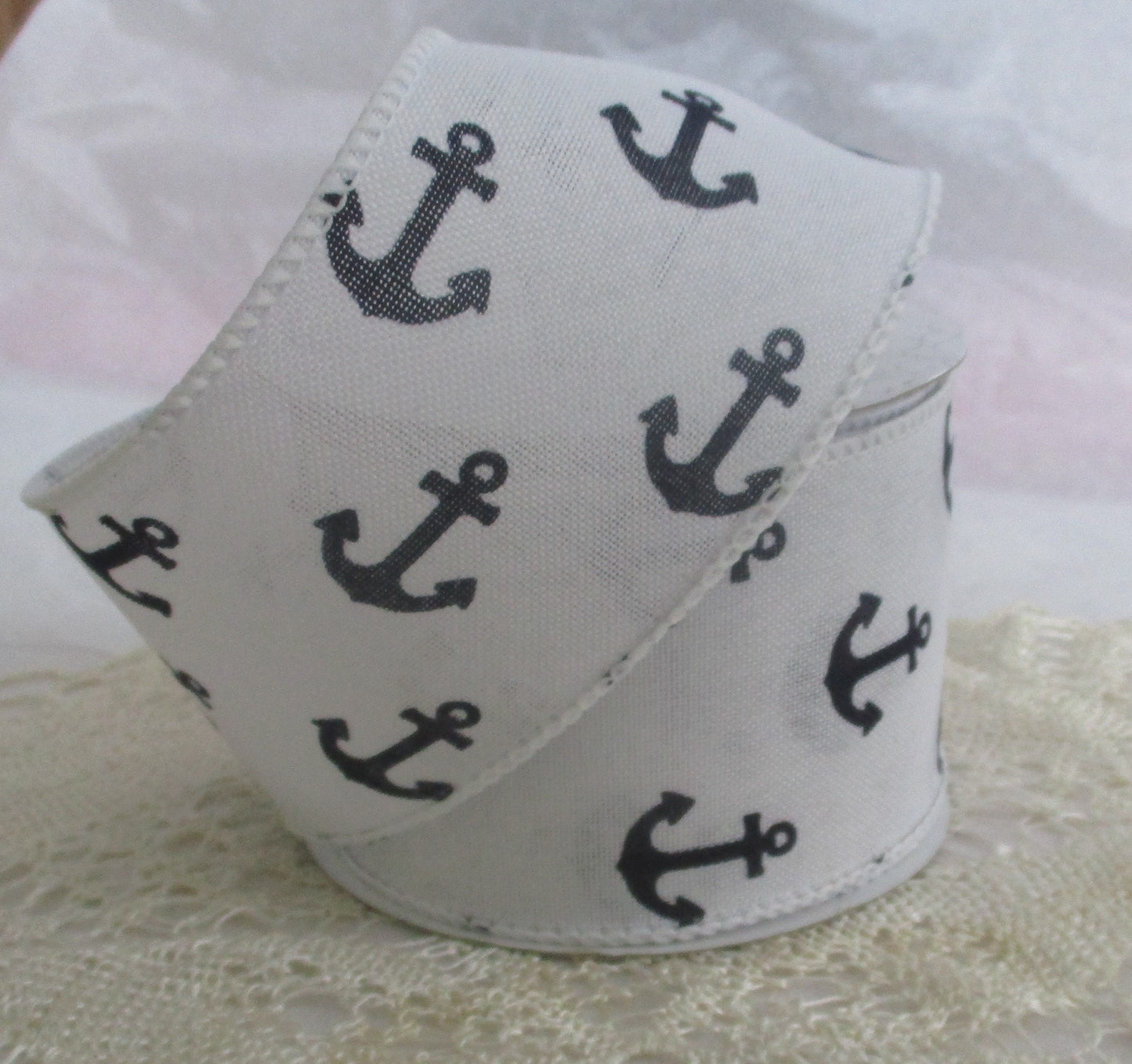 Black Anchor on White Woven Ribbon Fischer 2.5 inch Wide Wired Offray By the Yard or 10 Yard Roll