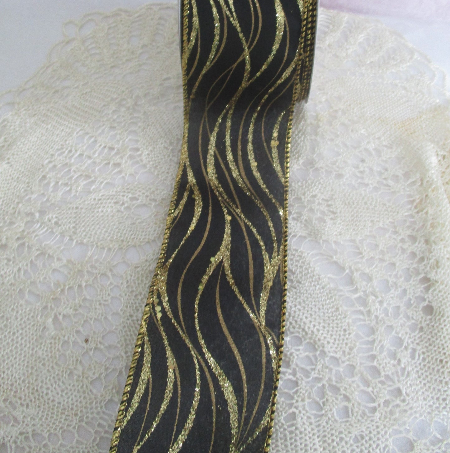 Bindel Black and Gold Glitter Ribbon Offray 2.5 inches Wide Wired