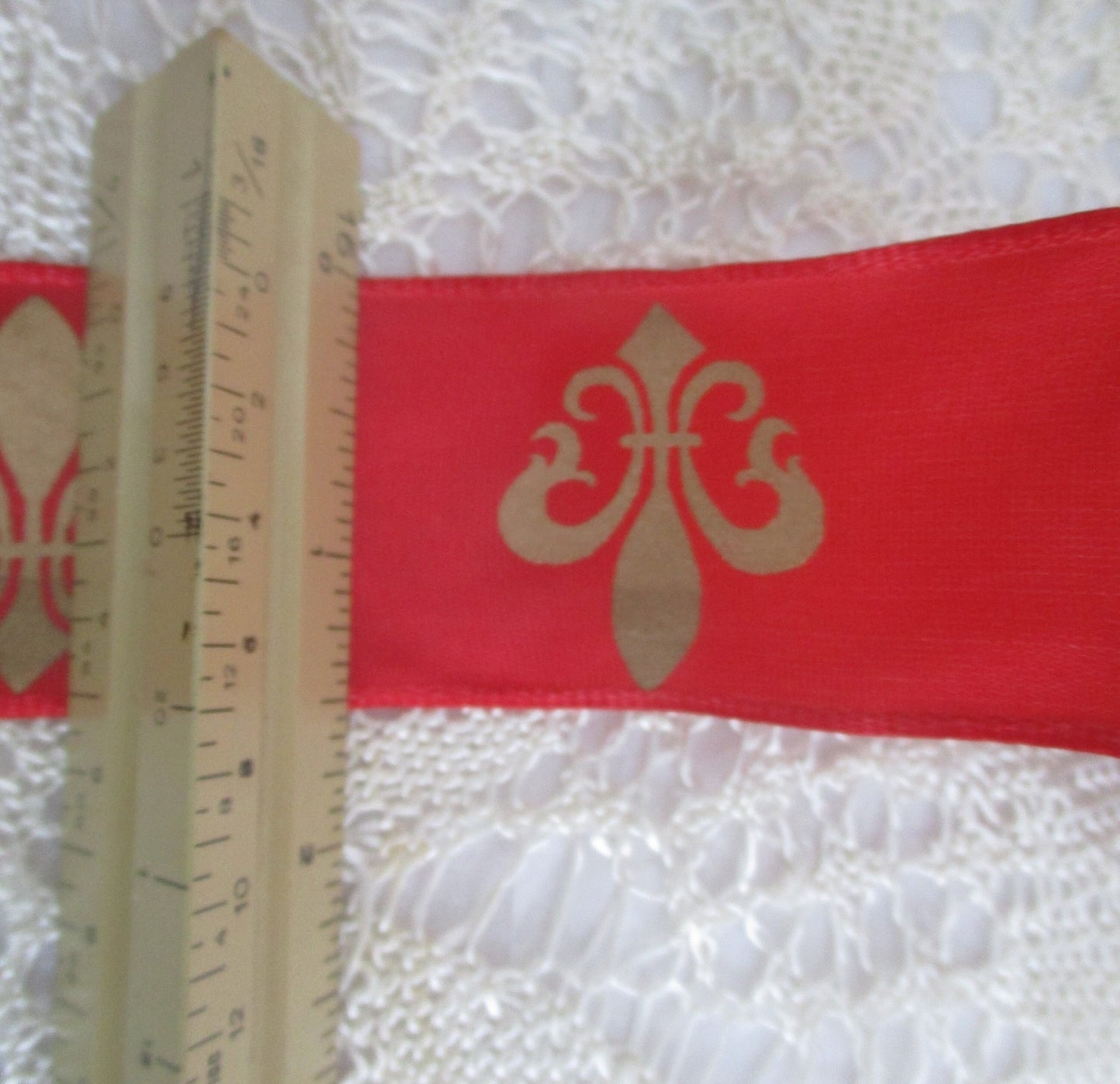 Red Ribbon with Gold Fleur De Lis Mardi Gras 1.5 inches