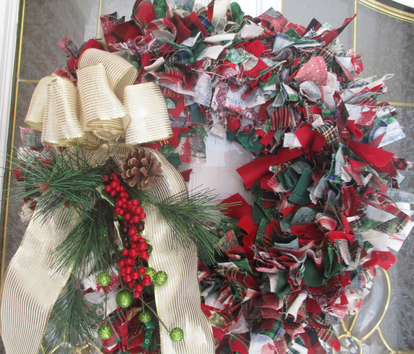 Christmas Rag Wreath with Red Green Gold Pine Cone