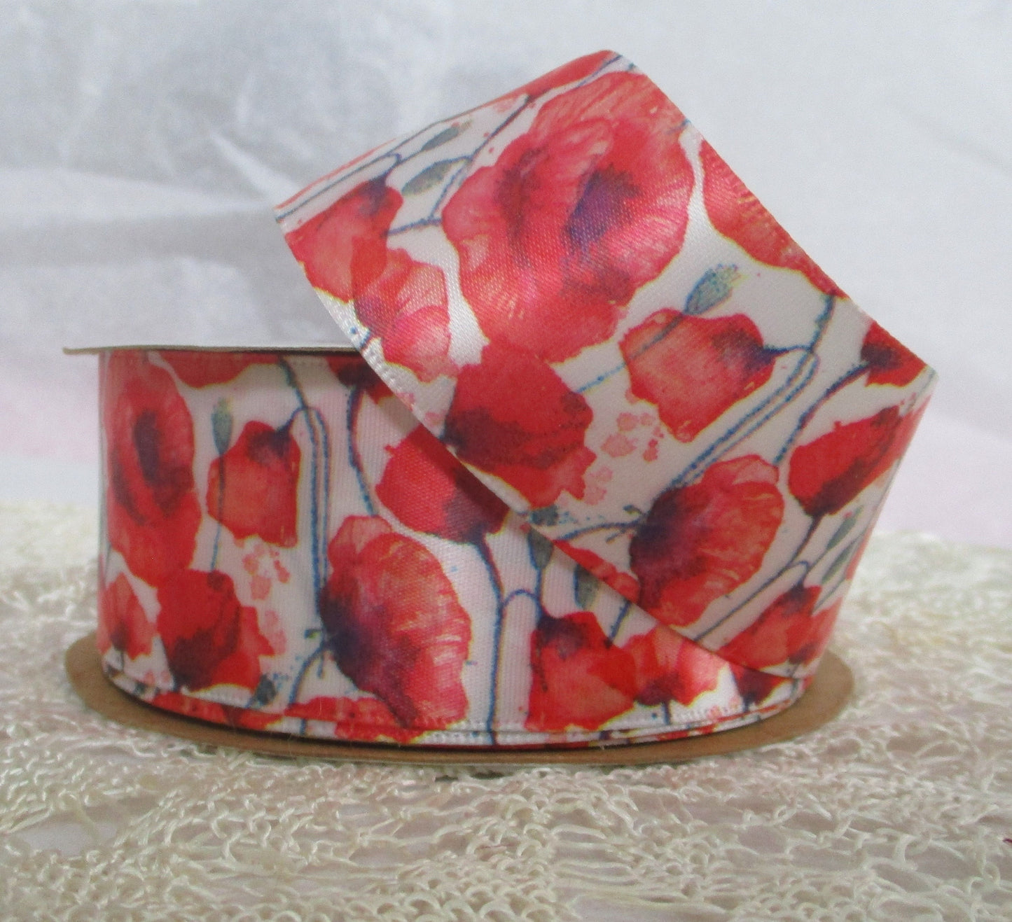 Red Poppy Print Ribbon 1.5 inches Offray