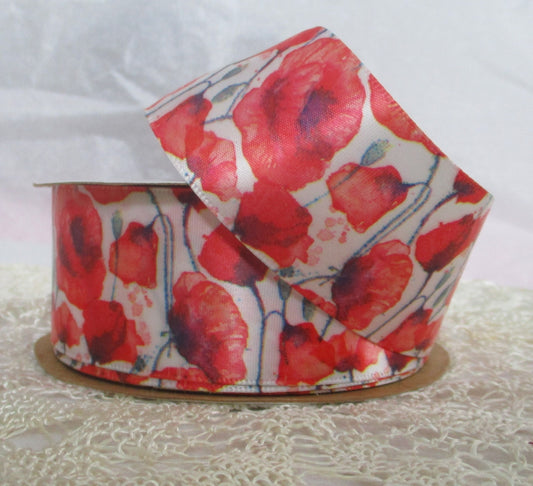 Red Poppy Print Ribbon 1.5 inches Offray