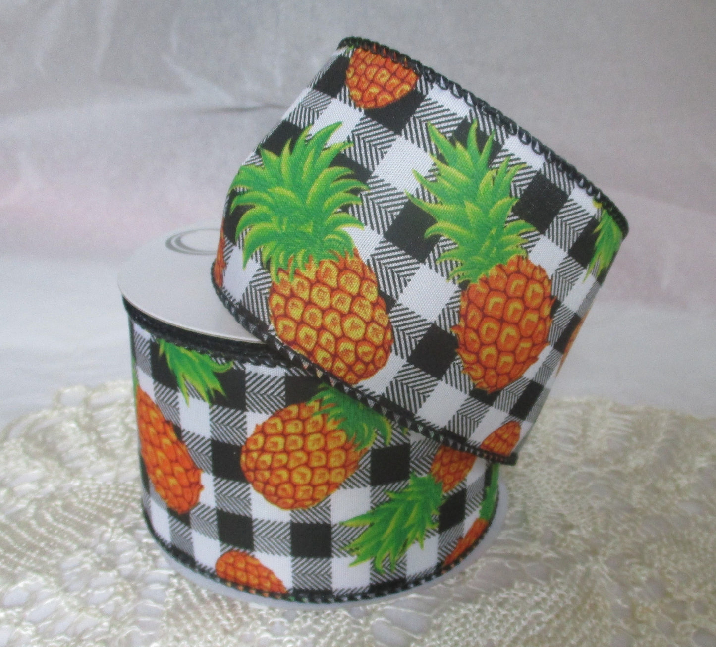 Tropical Welcome Pineapple Print Ribbon 2.5 inches Offray black white and yellow