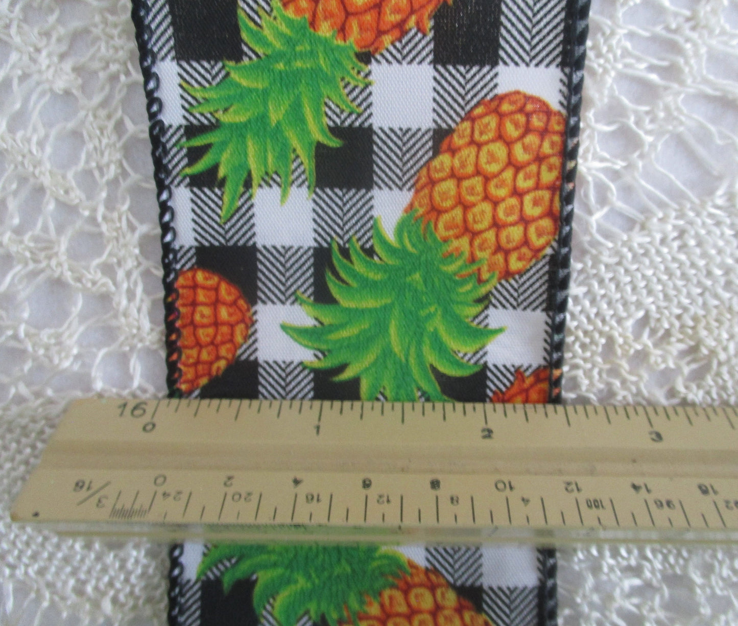 Tropical Welcome Pineapple Print Ribbon 2.5 inches Offray black white and yellow