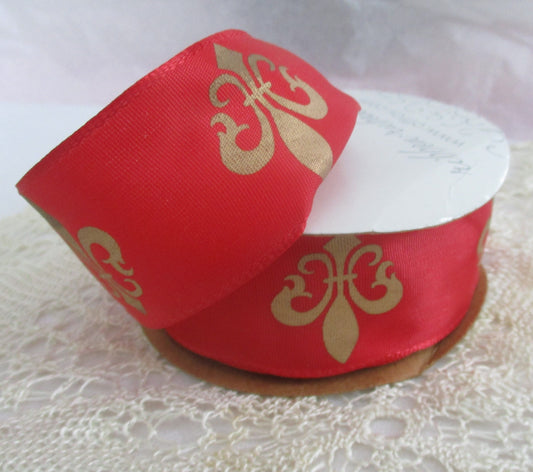 Red Ribbon with Gold Fleur De Lis Mardi Gras 1.5 inches