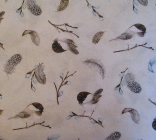 Chickadees on Cream with Feathers and Pussy Willows Maine Nature Theme 100% Cotton Quilting Fabric By the Yard or Fat Quarter