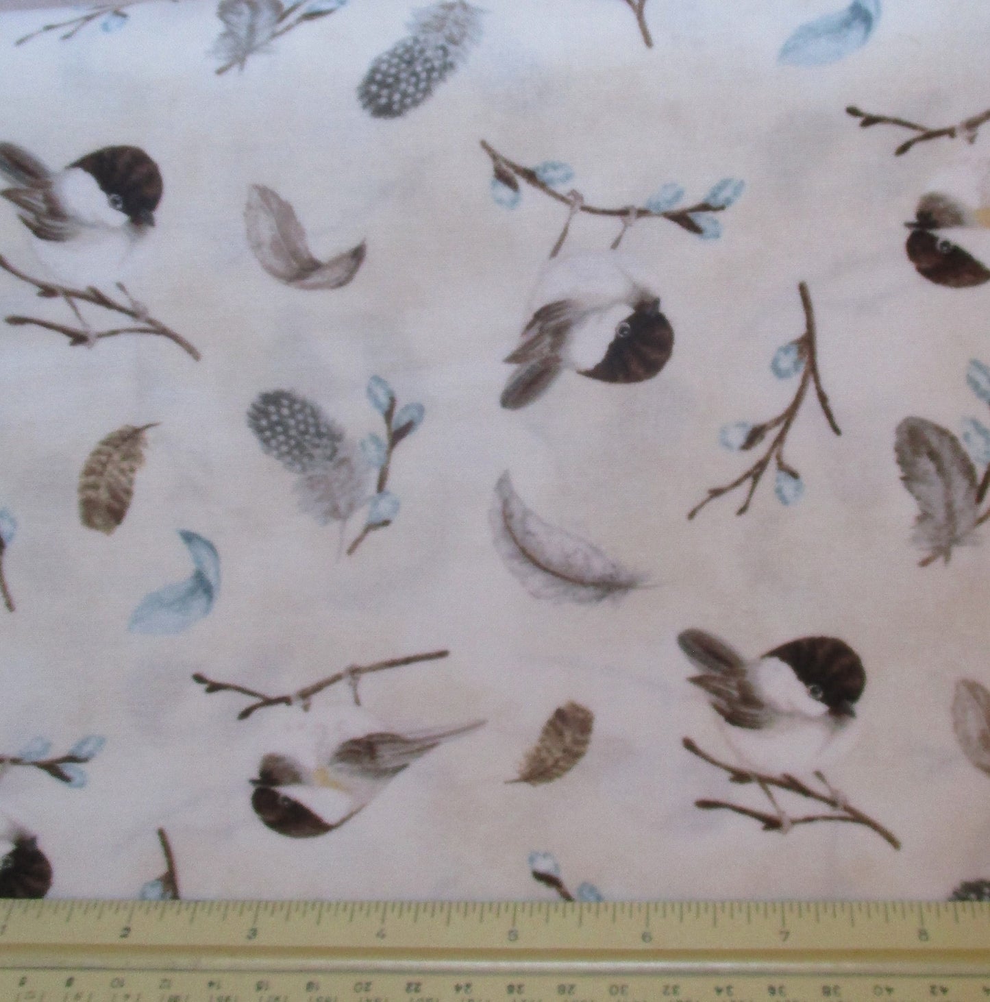 Chickadees on Cream with Feathers and Pussy Willows Maine Nature Theme 100% Cotton Quilting Fabric By the Yard or Fat Quarter