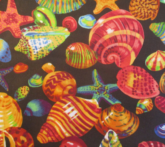 Colorful Seashells on black Beach Theme Shell Sea 100% Cotton Quilting Fabric By the Yard or Fat Quarter by Springs Creative