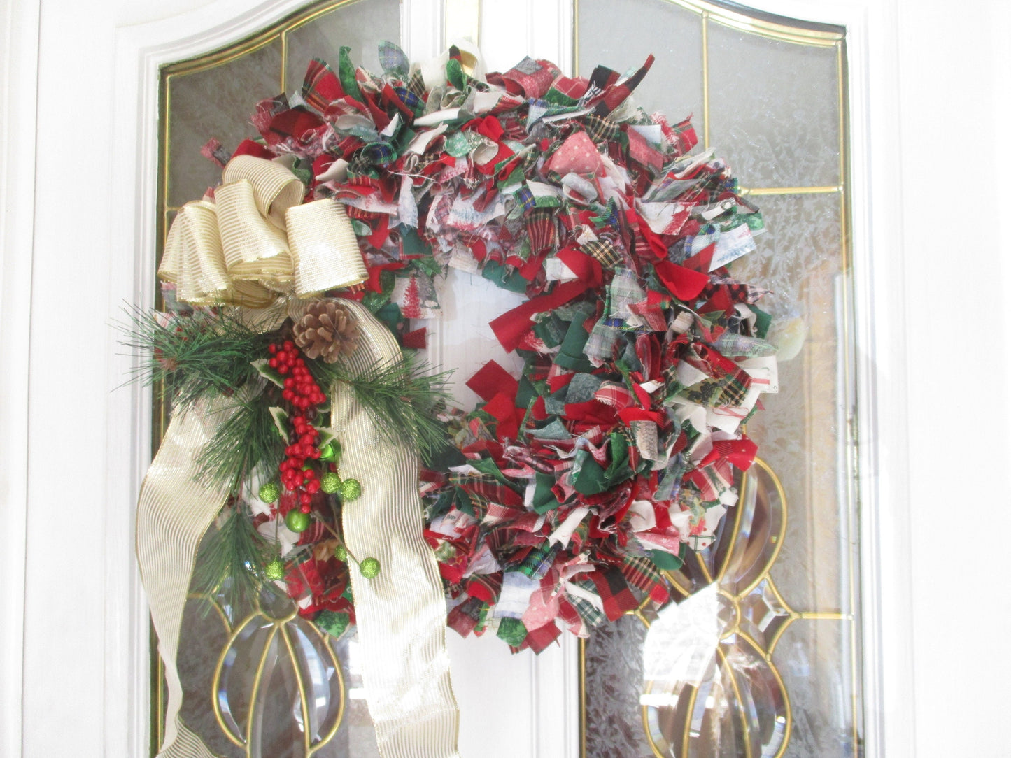 Christmas Rag Wreath with Red Green Gold Pine Cone