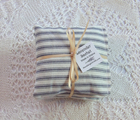 French Ticking with Blue on off white stripes Sachet Set of 3 in Maine Balsam, Cedar or Lavender Free Shipping Ready to Ship