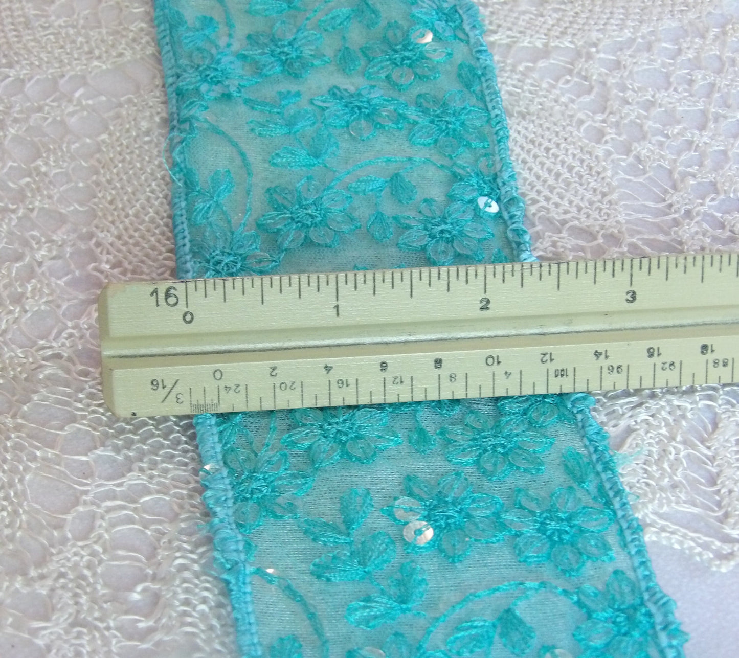 Darcy Teal Embroidered Floral Wired Ribbon 2.5 inches wide By the Yard