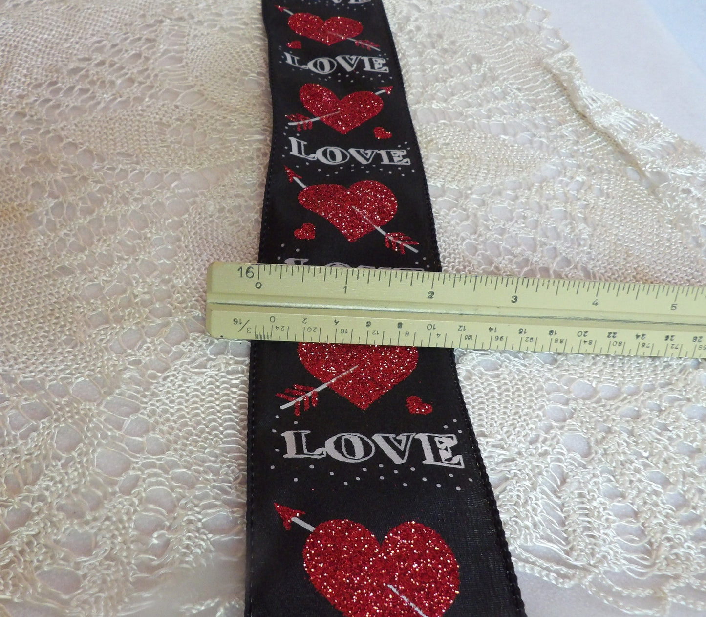 Tristan Black and Red Love Heart with Arrow Glitter Printed Ribbon Offray 2.5 inches wide Wired