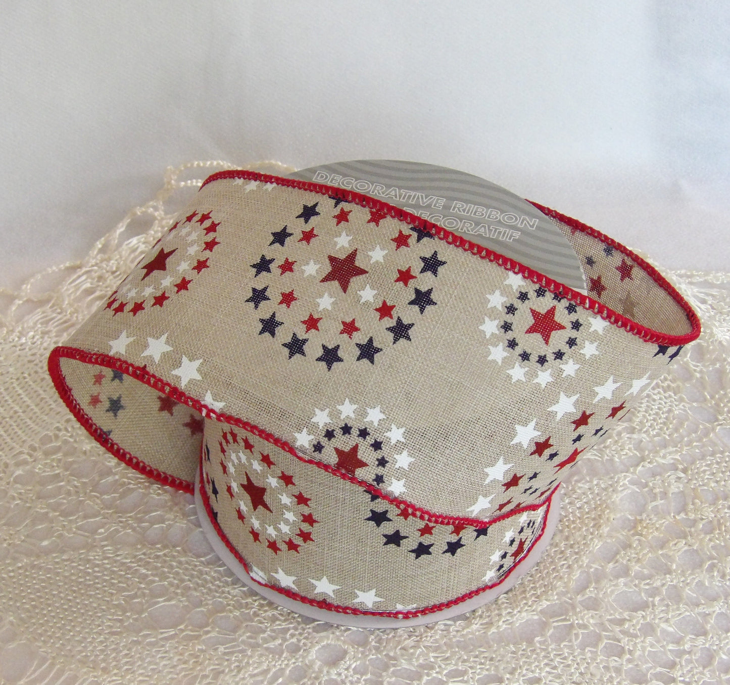 Ritter Patriotic Stars in Circle Pattern printed Red White and Blue on Natural Background 2 1/2 inches by the yard or roll